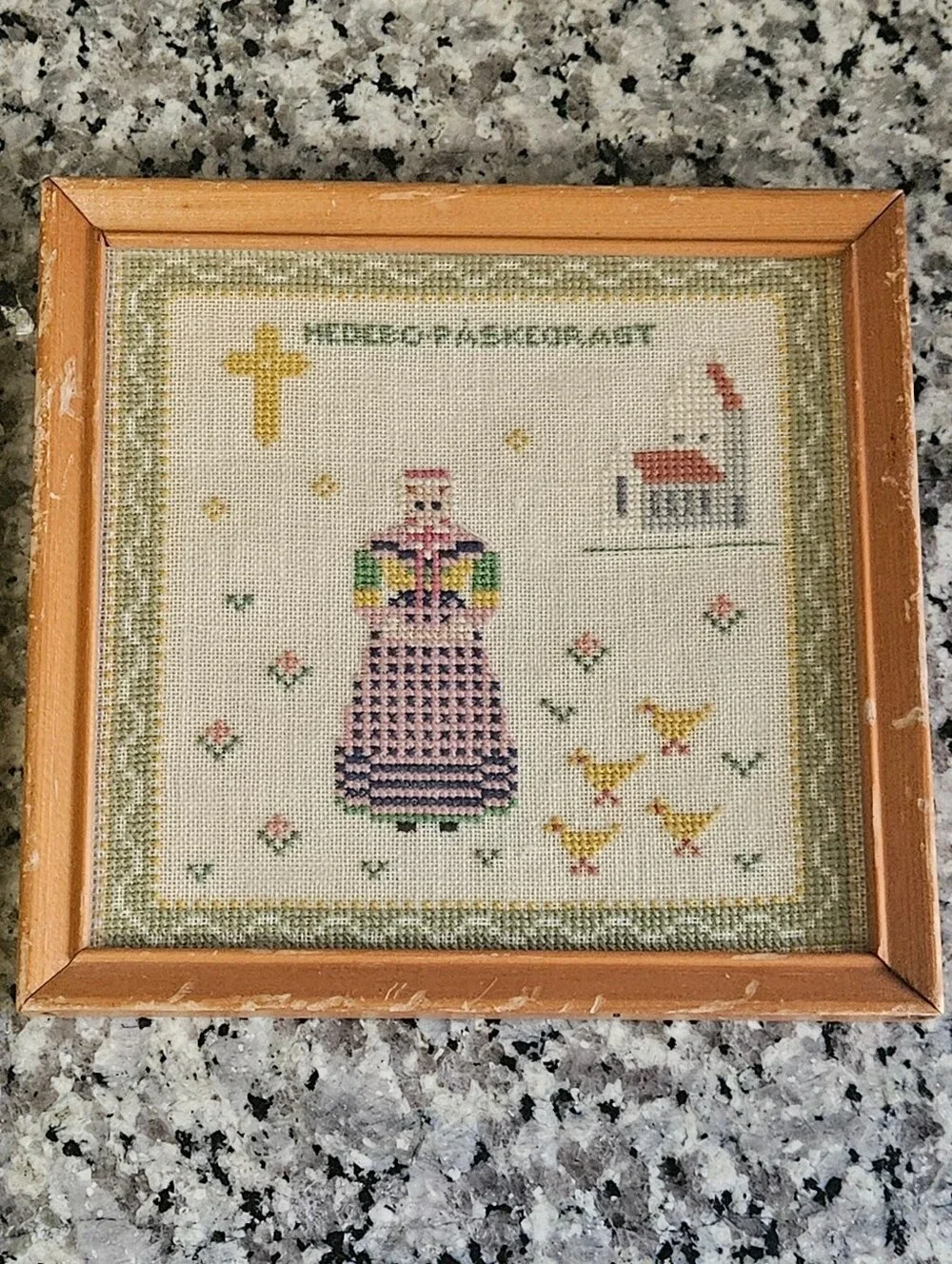 VTG Danish Scandinavian Cross Stitch Easter Church Needlepoint Framed Folk Art